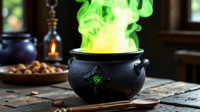 A black cauldron with swirling green magical smoke rises from it, set on a rustic wooden table with a spoon and nuts nearby.