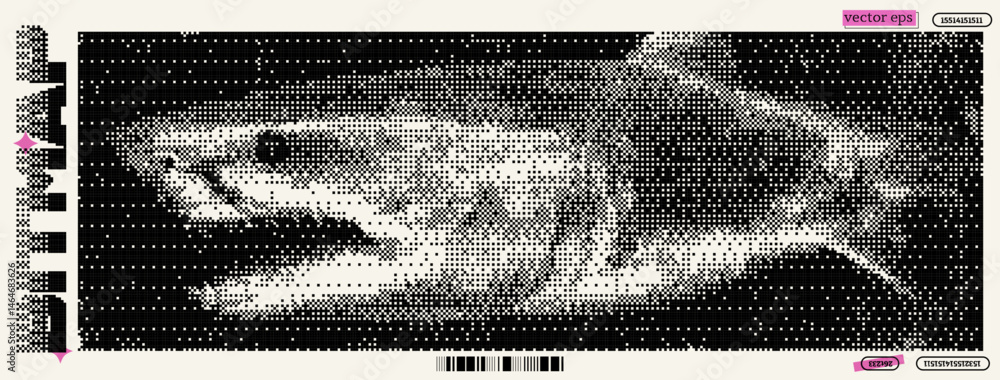 Poster dadaist pixel art representation of a shark in a monochrome style reflecting y2k aesthetics and bitm