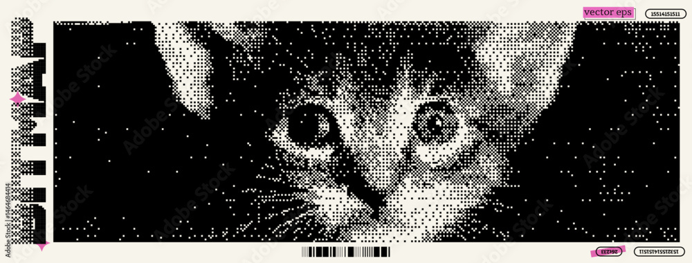 Poster a close-up representation of a cat's face in pixelated style, echoing dadaism influences.