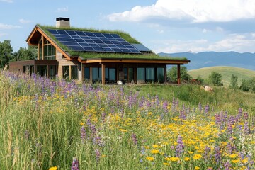 Sustainable home nestled amidst a vibrant meadow.