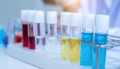 Medical Test Tubes Rack with Colorful Liquids Samples for Science Research in Laboratory
