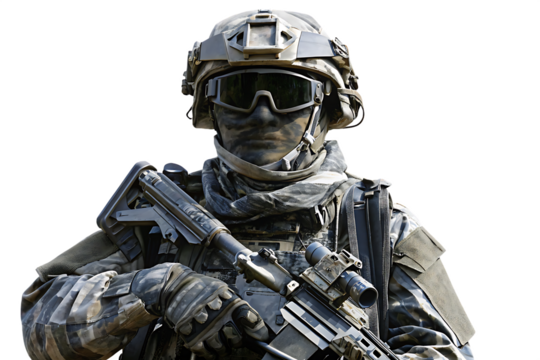 Military soldier holding weapon isolated on white background PNG