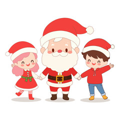 Cute cartoon Santa Claus holding hands with happy children in festive Christmas costumes. Adorable holiday illustration in flat style for kids and seasonal decorations.