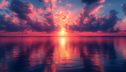 Vibrant Pink And Orange Sunset Over Calm Ocean