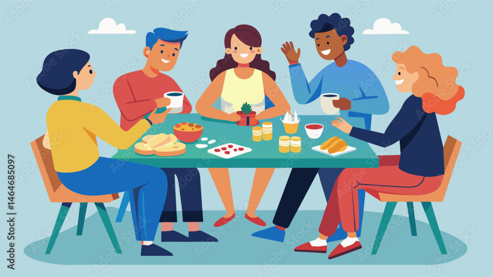 Poster a group of friends gathered around a picnic table snacking on chips and dip while playing a lively g