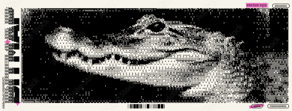 Poster a striking representation of a crocodile crafted in a unique bitmap style. the artwork combines elem