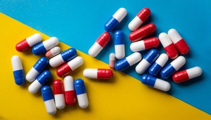 colorful red white and blue capsules on a vibrant yellow and blue background