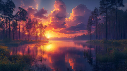 Vibrant Sunset over Calm Lake and Forest