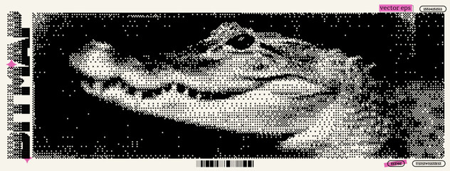 A striking representation of a crocodile crafted in a unique bitmap style. The artwork combines elements of dada and pixel art, channeling y2k vibes with a playful contrast of monochromatic tones. © Artem