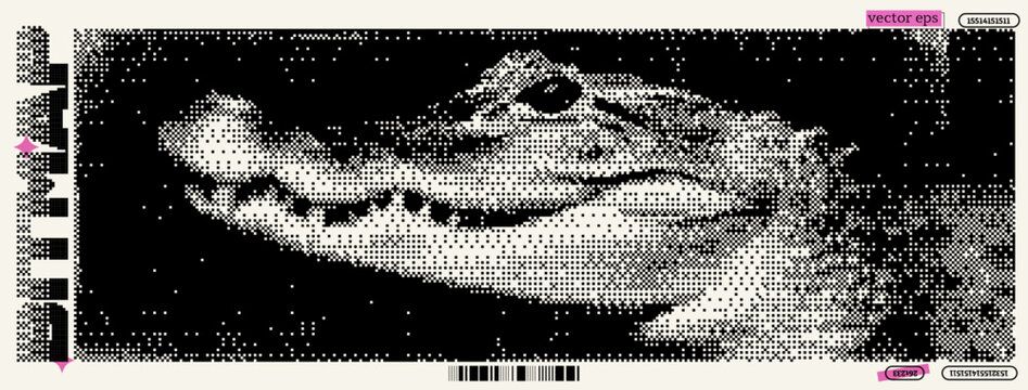 A striking representation of a crocodile crafted in a unique bitmap style. The artwork combines elements of dada and pixel art, channeling y2k vibes with a playful contrast of monochromatic tones.