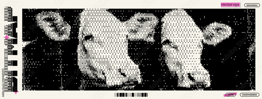 Poster this artistic work features cows rendered in a unique pixelated style, drawing inspiration from dada