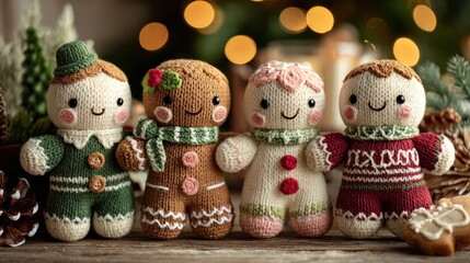 Festive knit gingerbread and elf dolls for christmas decor and holiday card design