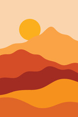 Minimalist Layered Mountain Landscape Background. Abstract Nature Horizon Banner with Sunrise and Smooth Hills. Calm Scenic View for Travel, Poster, Website Header, or Wallpaper. Vector Illustration