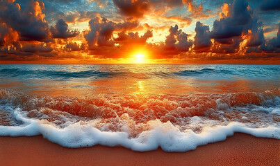 Vibrant Sunset Over Ocean Beach with Waves