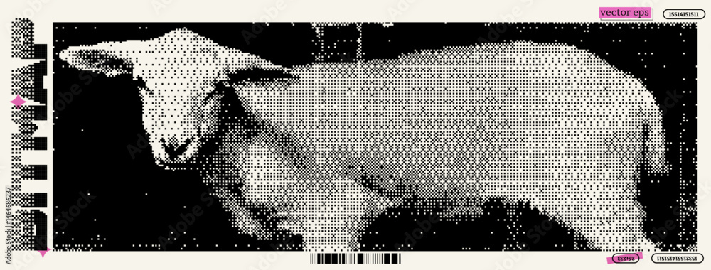 Poster a sheep is creatively illustrated using pixel art techniques, embodying a fusion of dadaism and y2k 