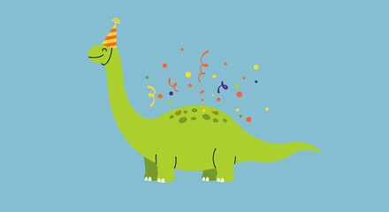 Naklejka premium Cheerful cartoon dinosaur wearing a party hat with colorful confetti celebrating against a light blue background 