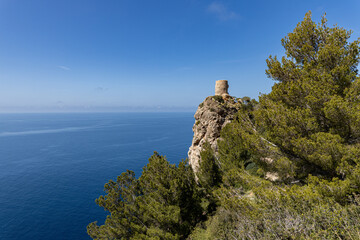 View from the high coast to the Mediterranean Sea and a strange ruined lighthouse from the Spanish...