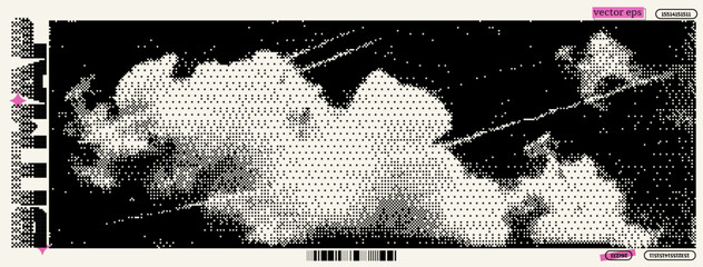Stylized bitmap cloud composition showcasing pixel art influences from Dadaism and Y2K aesthetics with a striking black and white contrast
