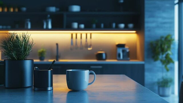 Modern kitchen interior, illuminated by warm lighting, featuring a cup of coffee on a countertop, with plants and kitchenware in the foreground