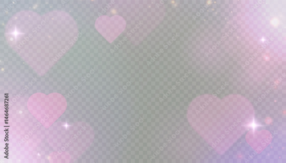 Poster soft pink bokeh hearts with glowing sparkles on transparent background. romantic abstract overlay fo