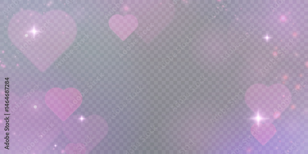 Poster soft pink bokeh hearts with glowing sparkles on transparent background. romantic abstract overlay fo