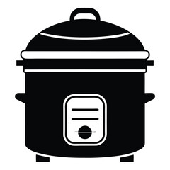 Isolated black and white rice cooker with lid and control panel is shown