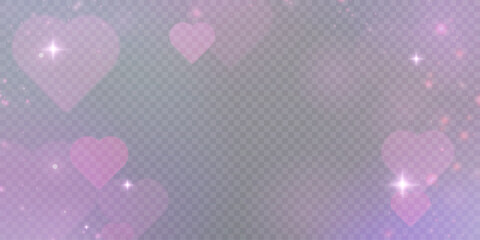 Soft pink bokeh hearts with glowing sparkles on transparent background. Romantic abstract overlay for Valentine&rsquo;s Day, wedding invitations, love-themed design or festive decoration.

