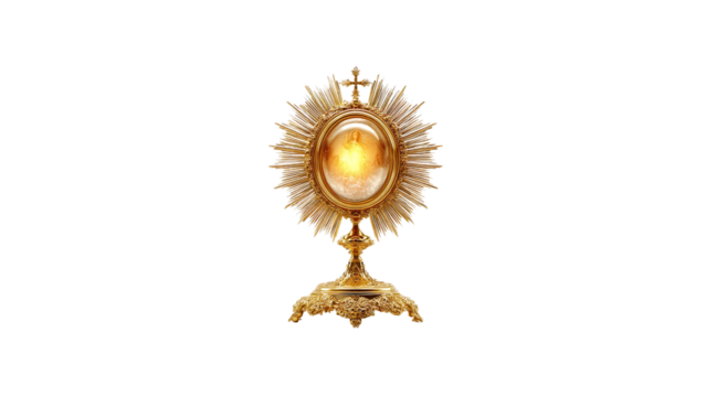 Golden monstrance eucharist catholic adoration blessed sacrament religious symbol communion host church worship on transparent background
