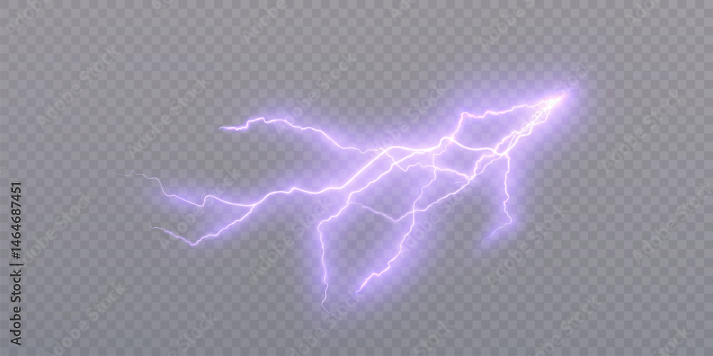 Poster Vivid purple lightning bolts on transparent background. Isolated lightning elements for magical or futuristic visual effects in game interfaces or motion design.