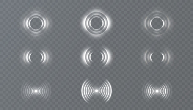 Set of glowing white radar and wave ripple effects on transparent background. Round signal elements for user interface, futuristic HUD visual effects, scanning animation or sonar display design.