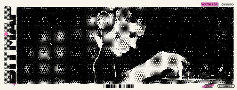 A young DJ distills energy while mixing tracks at an eclectic Y2K-inspired event. The atmosphere is lively, merging pixel art with a splash of dada creativity, drawing in a spirited crowd.