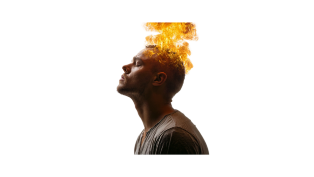 Man with fire hair conceptual image representing burning passion and intense emotions stock photo portrait art on transparent background