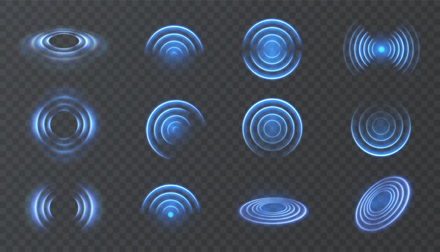 Set of glowing blue radar and ripple wave effects on transparent background. Circular signal elements for user interface, futuristic HUD visuals, scanning animations, or sonar display design.

