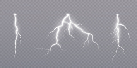 Set of glowing white lightnings with jagged and asymmetric shapes on transparent background. Vector for realistic weather effects, storm animation or high voltage electrical scenes in motion design.