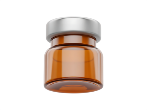 Small amber glass vial with transparent liquid, silver aluminum cap and rubber stopper isolated on white background PNG