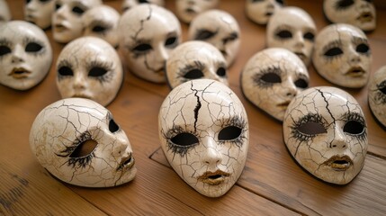 A collection of decorative, cracked face masks on a wooden surface.