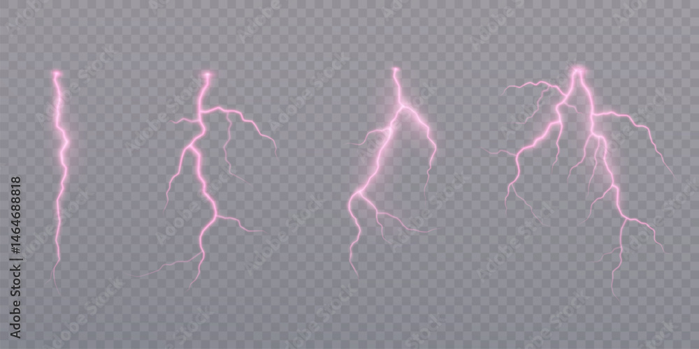 Aufkleber Set of vector pink lightnings on transparent background. Isolated lightning elements for magical or futuristic visual effects in game interfaces or motion design.