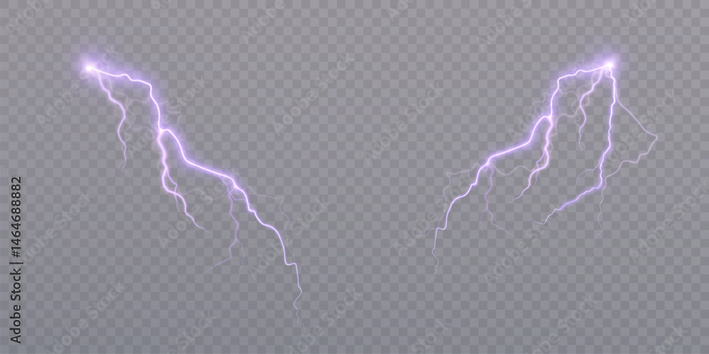 Poster Realistic purple lightning on transparent background. Ideal for sci-fi energy effects, thunder animations or electrifying overlays in design and UI. Vector