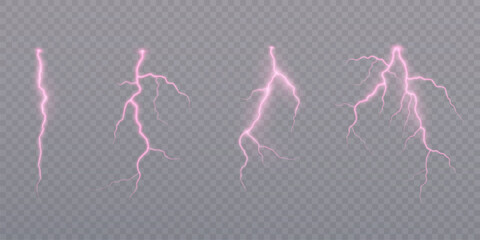 Set of vector pink lightnings on transparent background. Isolated lightning elements for magical or futuristic visual effects in game interfaces or motion design.