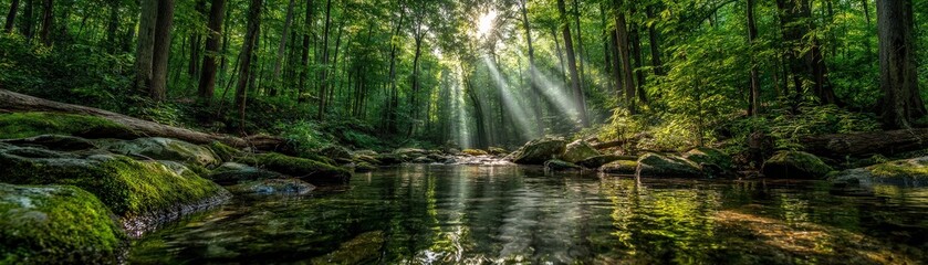 Obraz premium Sunlight streams through a lush green forest, illuminating a tranquil creek surrounded by mossy rocks and dense trees.