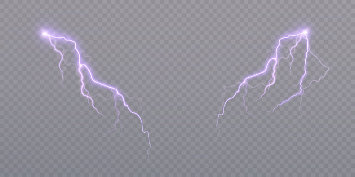 Realistic purple lightning on transparent background. Ideal for sci-fi energy effects, thunder animations or electrifying overlays in design and UI. Vector