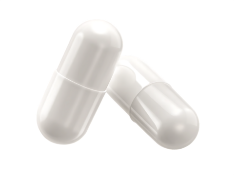 Two white pharmaceutical capsules with smooth glossy surface,  isolated on white background PNG