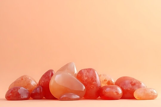 carnelian cluster with smooth surfaces, organic layout with natural shadows, background gradient from beige to soft coral
