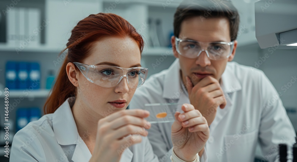 Poster focused scientists examining sample on microscope slide in modern laboratory