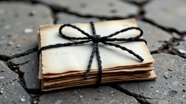 A bundle of old letters tied with black string rests on cracked stone pavement.