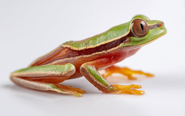 Obraz premium vibrant tropical tree frog with multicolored skin in side view, close up of exotic amphibian on clean background, macro wildlife photography of colorful rainforest animal