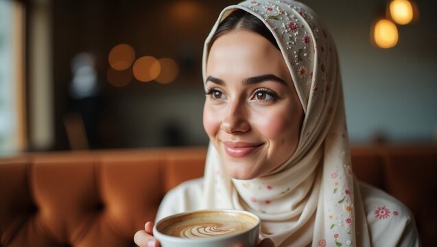 Young Muslim Woman in Hijab Drinking Coffee &ndash; Casual Moment