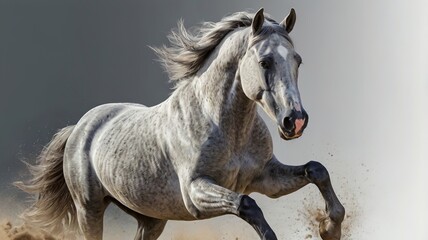 Horse 2026. A horse with flowing hair running across a dusty surface, creating a cloud of dust behind it. The horse's mane is long and flowing, and its legs lift the ground as it moves.