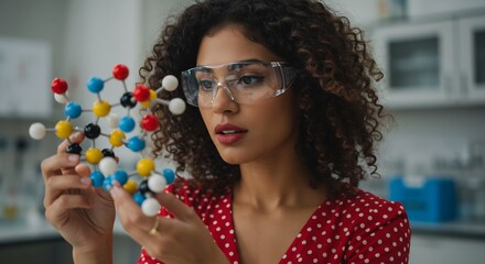 Young female scientist in a red polka dot dress examining a molecular model in a laboratory