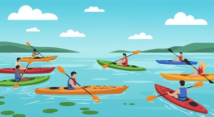 Colorful Kayaking Group on a Serene Lake Landscape